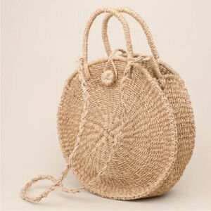 Beachy Boho Natural Woven Round Straw Satchel Crossbody Bag